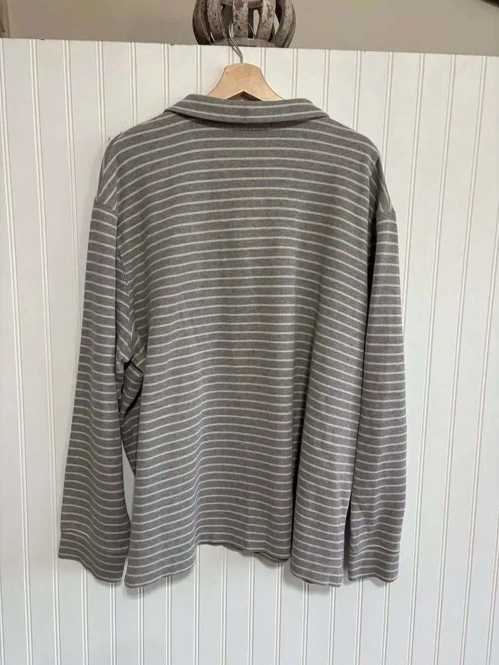 Polo Ralph Lauren Grey and White Striped Quarter-Zip Pullover Sweater